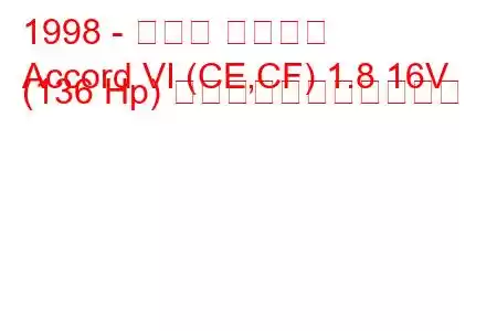 1998 - ホンダ アコード
Accord VI (CE,CF) 1.8 16V (136 Hp) の燃料消費量と技術仕様