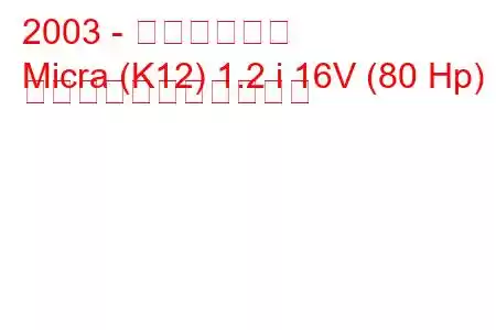 2003 - 日産マイクラ
Micra (K12) 1.2 i 16V (80 Hp) の燃料消費量と技術仕様