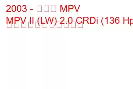 2003 - マツダ MPV
MPV II (LW) 2.0 CRDi (136 Hp) の燃料消費量と技術仕様